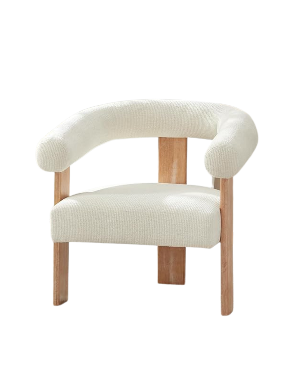 Modern armchair with cream upholstery and wooden legs, featuring a rounded backrest and armrests.