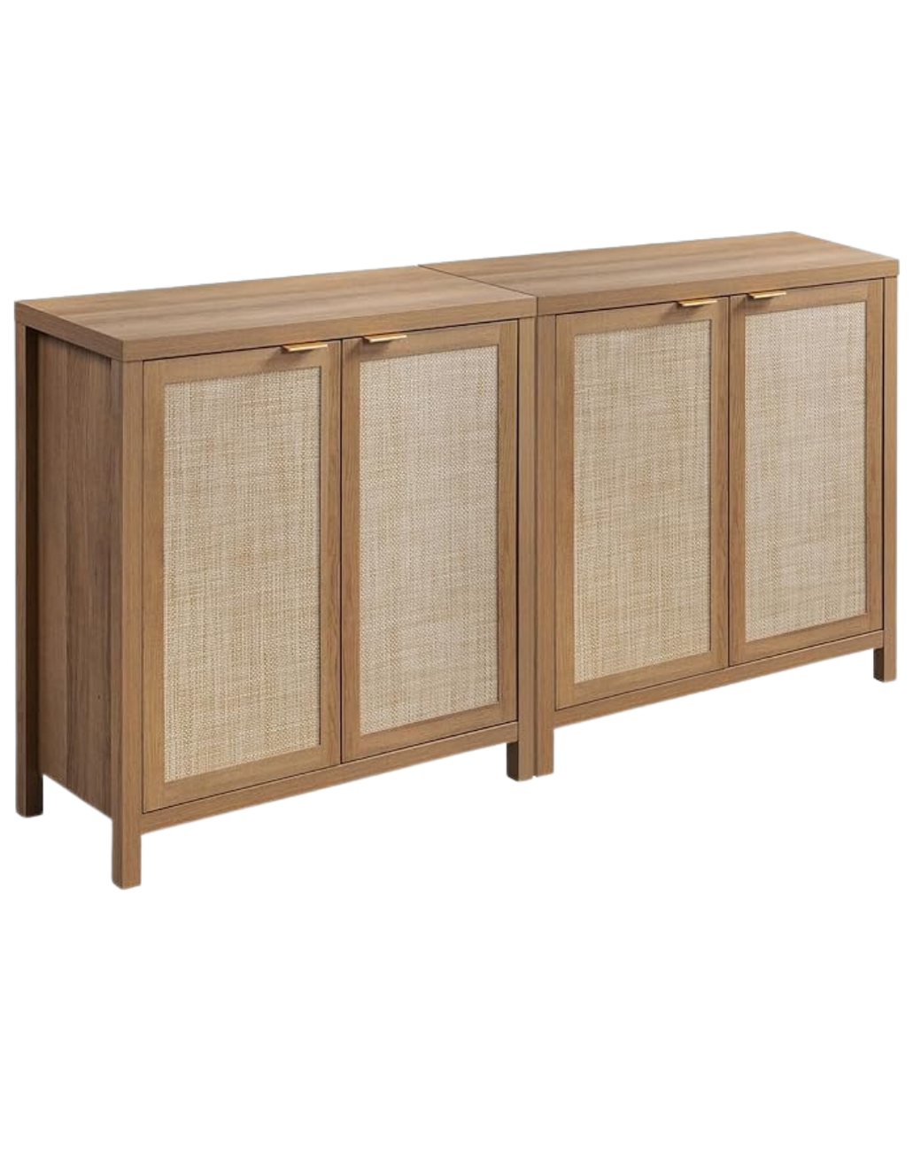 Wooden sideboard with four woven rattan panel doors and simple wooden handles.