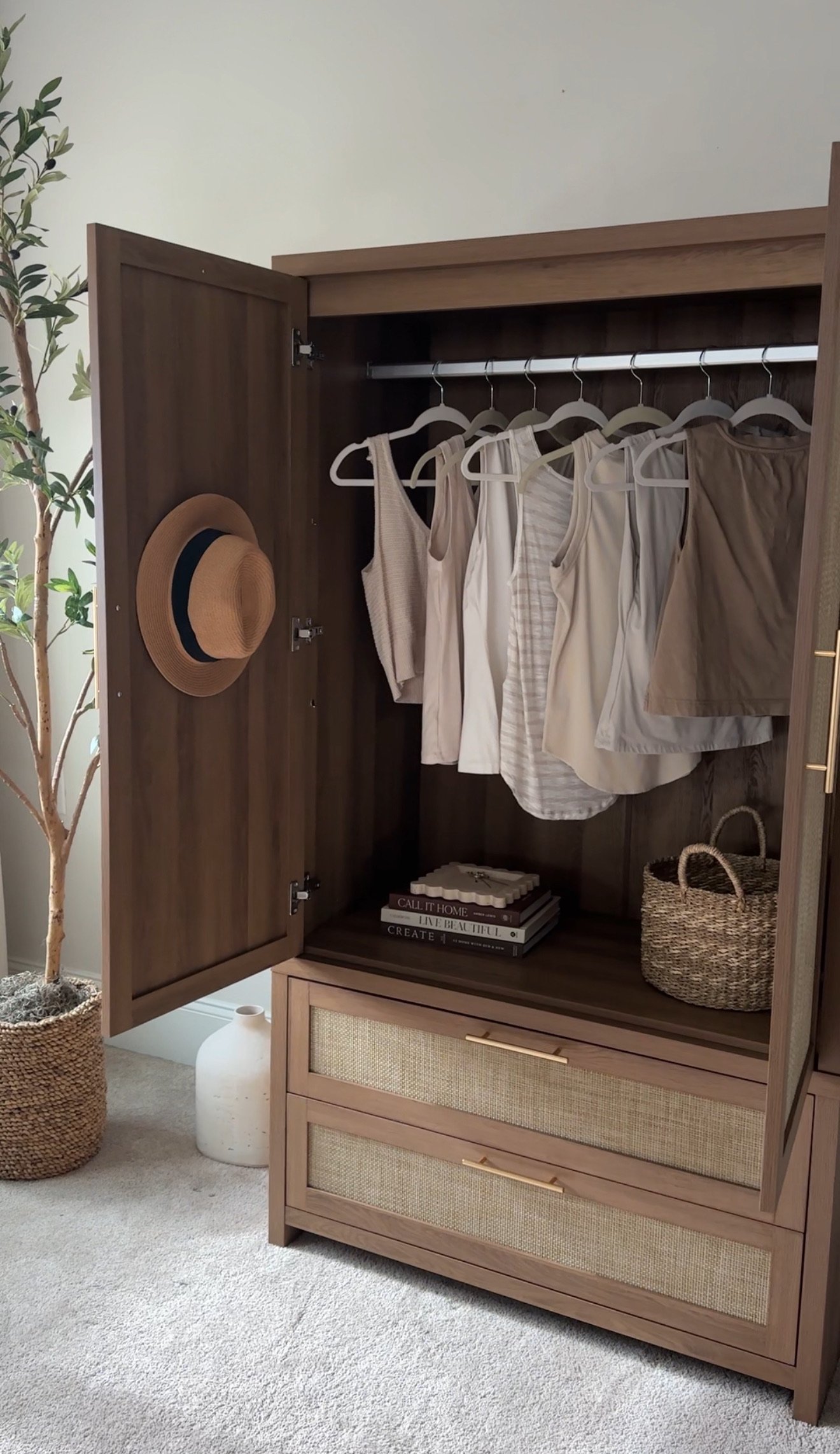 Open wooden wardrobe containing hanging clothes, a straw hat on the door, a basket inside, and a stack of books, with a tall potted plant nearby.