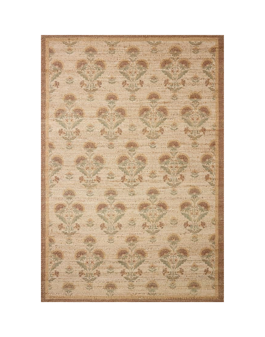 A beige Persian-style rug with a repeating floral pattern in muted tones of green, brown, and cream.