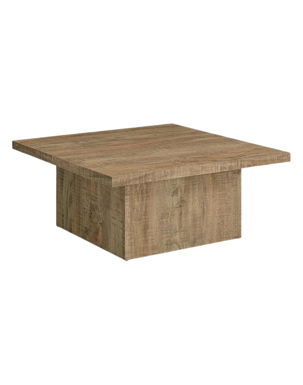 A wooden cube-shaped table with a flat top.