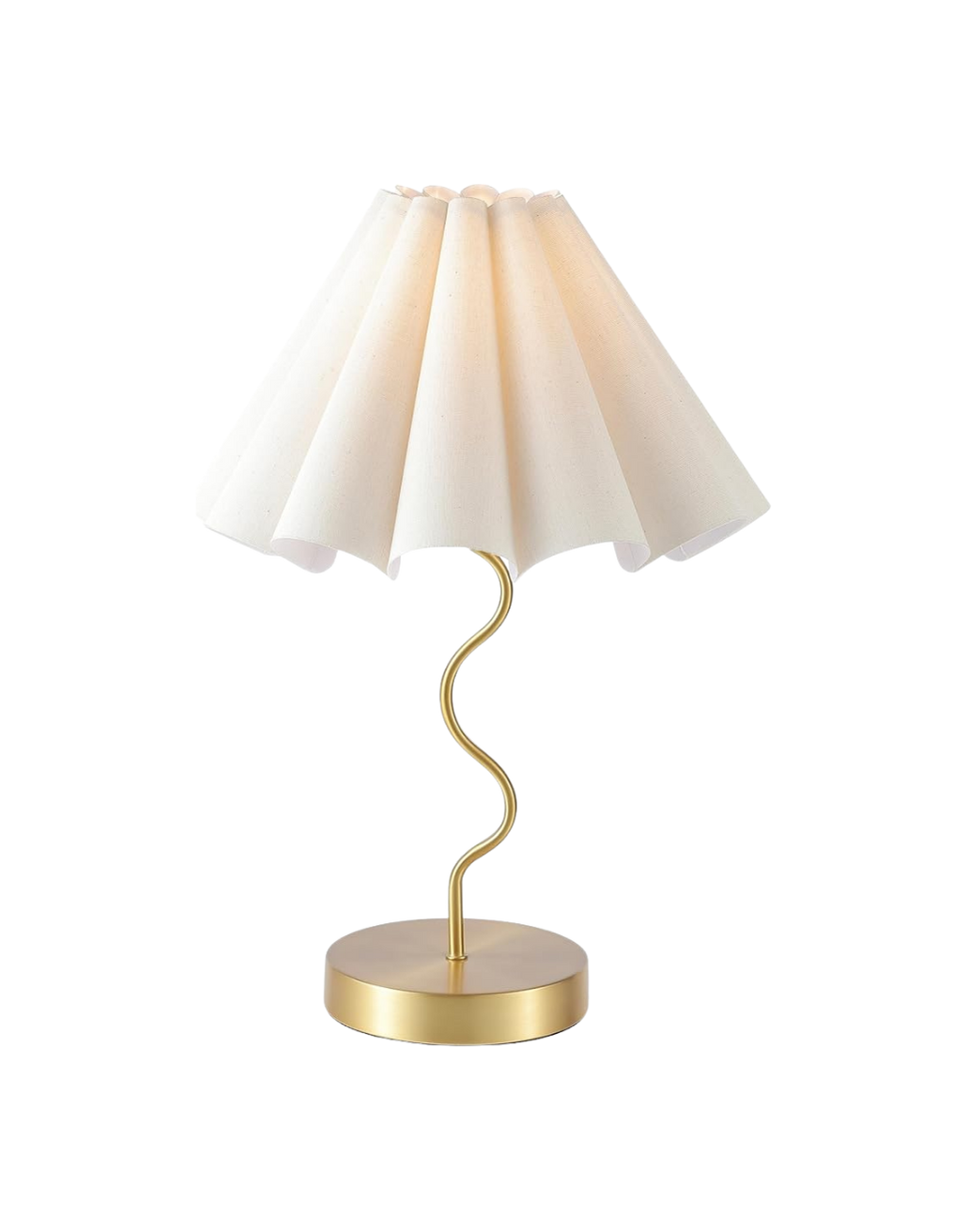 Table lamp with a cream-colored pleated lampshade and a gold curved stand on a round base.