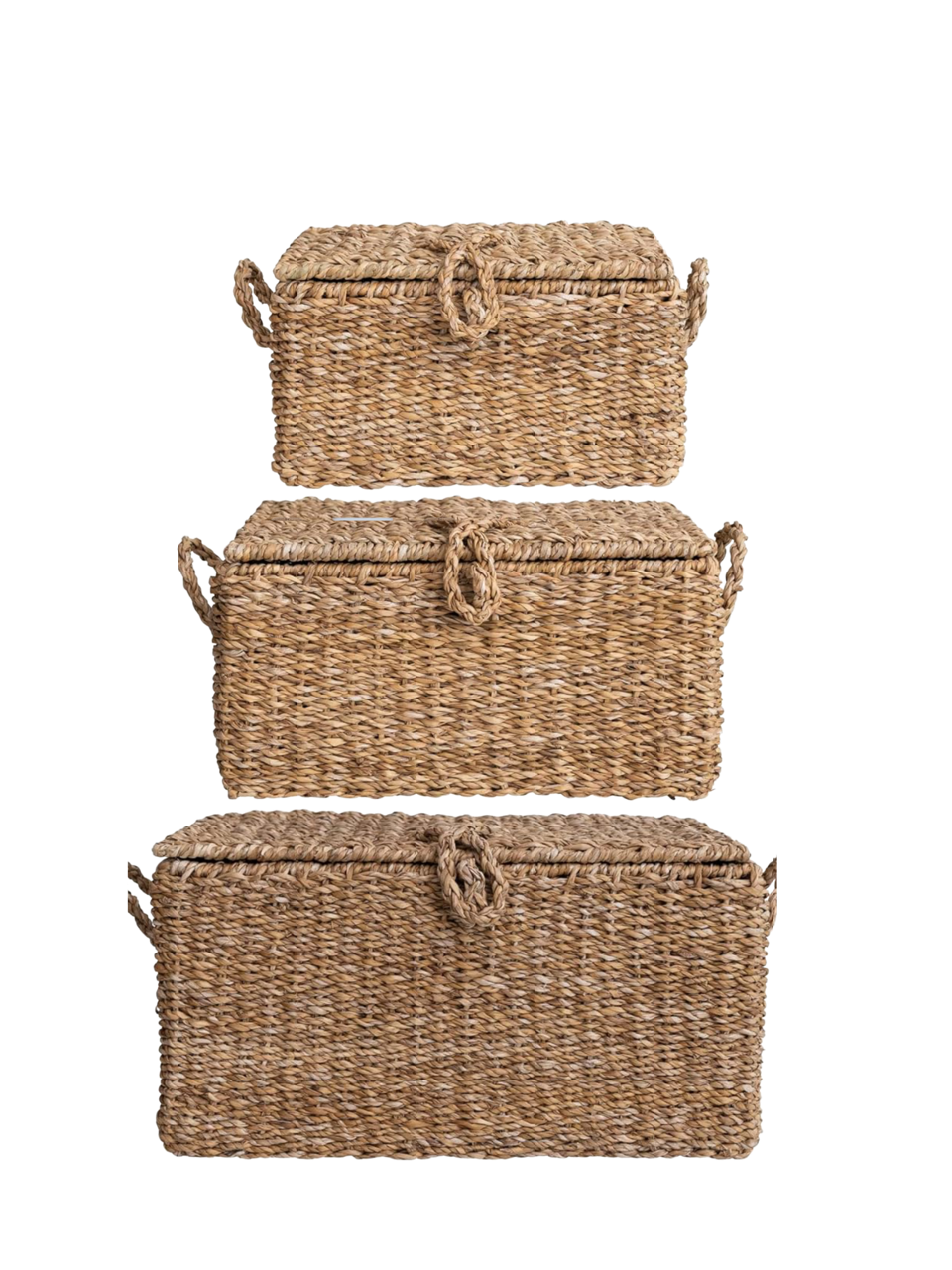 Three woven storage baskets in different sizes, stacked from small at the top to large at the bottom, made of natural fiber with lids and handles.