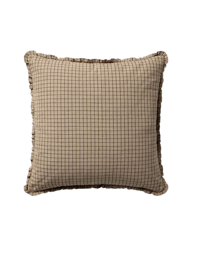 A square beige pillow with a checkered pattern and ruffled edges