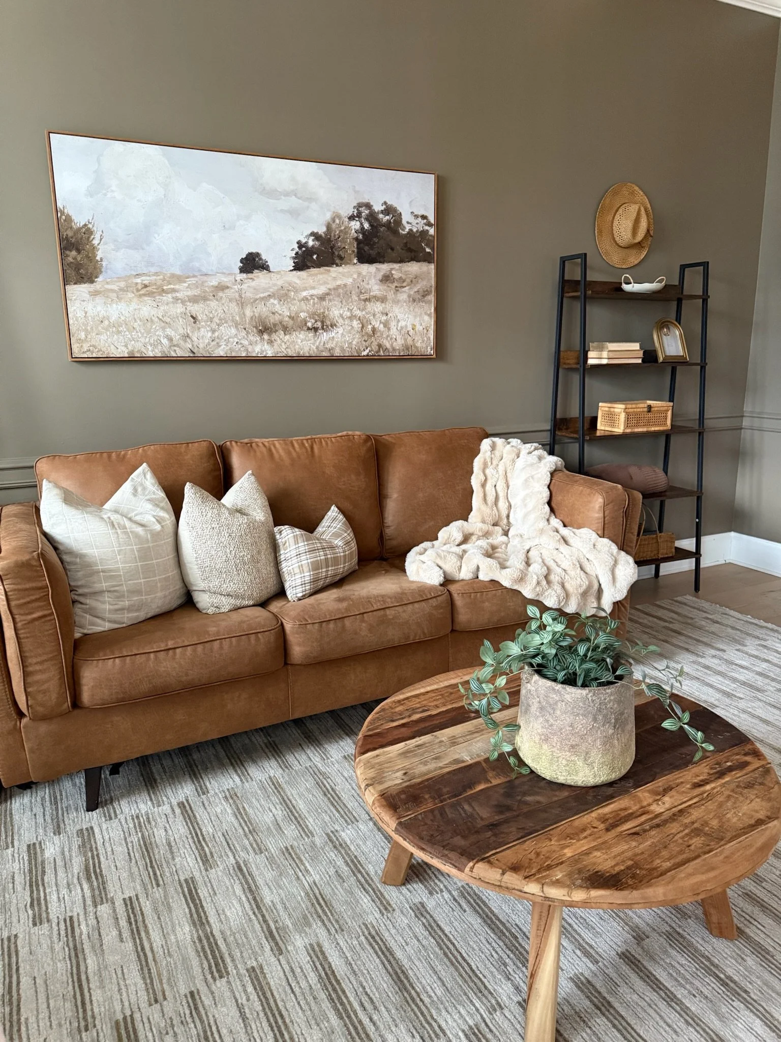 Living room with a brown leather sofa, some beige and white pillows, a fluffy throw blanket, a wooden coffee table with a potted plant, a framed landscape painting, a black metal shelf with decorative items, and a beige-themed rug.