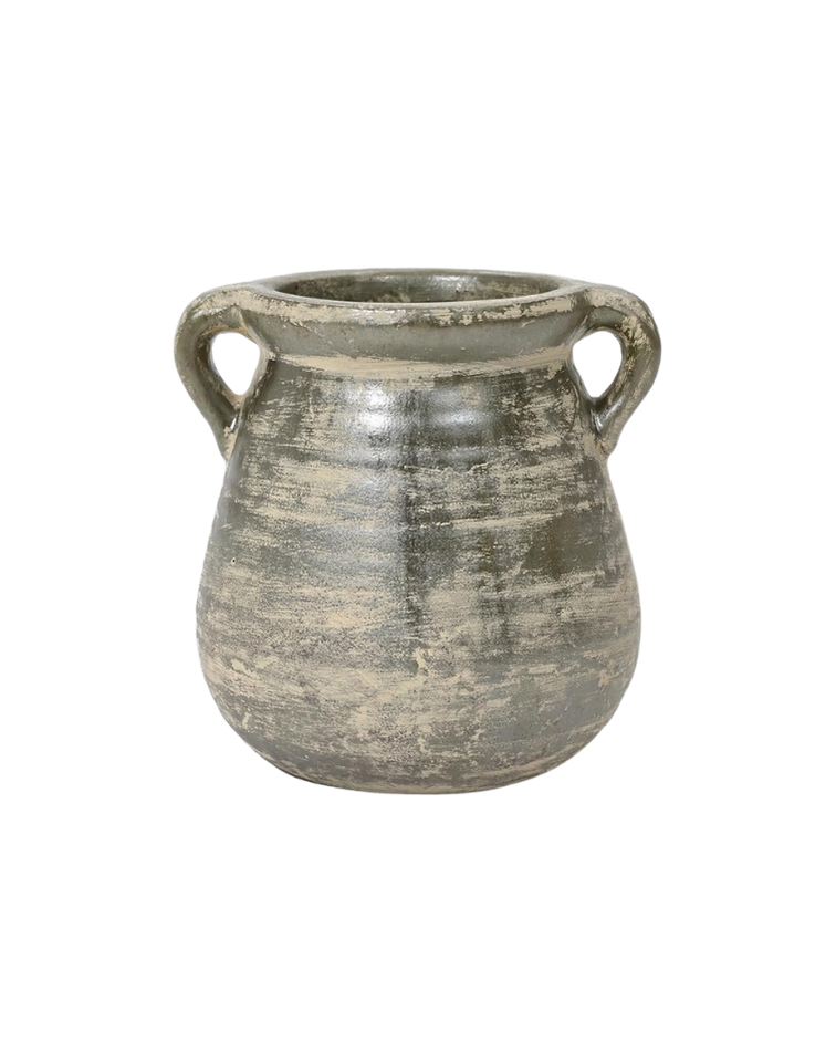Ancient gray pottery jar with two small handles, weathered and aged surface.