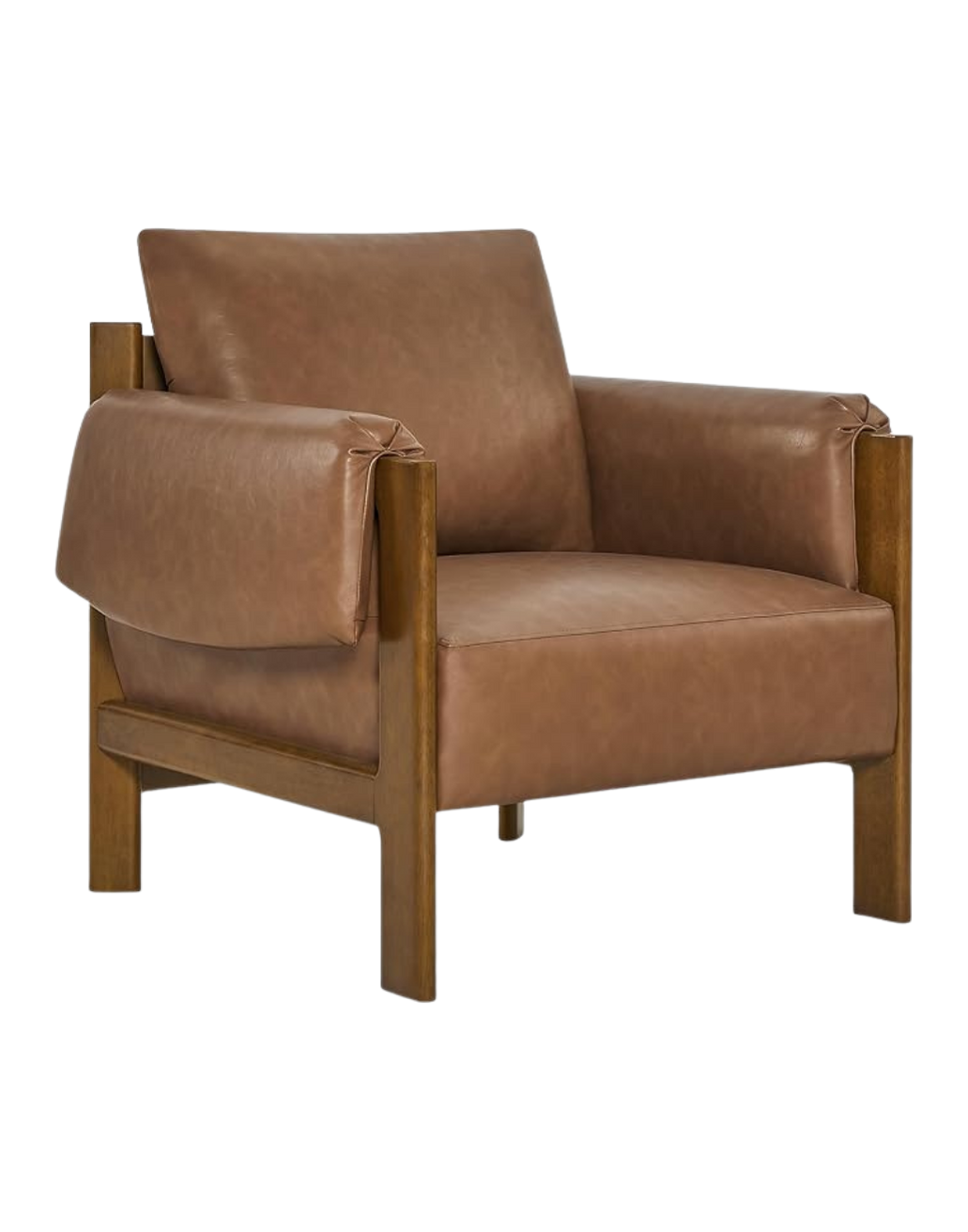 A vintage armchair with brown leather upholstery and a wooden frame.