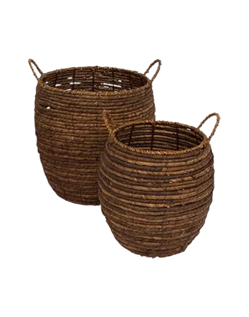 Two cylindrical woven baskets with loops on the sides, made from natural brown fibers, set against a transparent background.