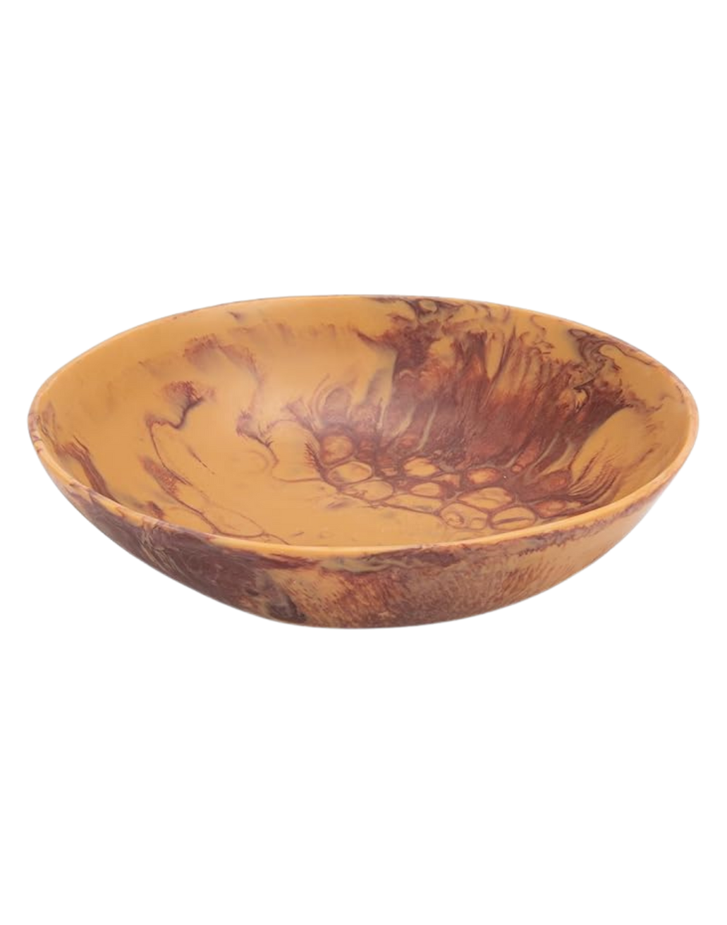 Decorative ceramic bowl with a marbled brown and tan pattern.
