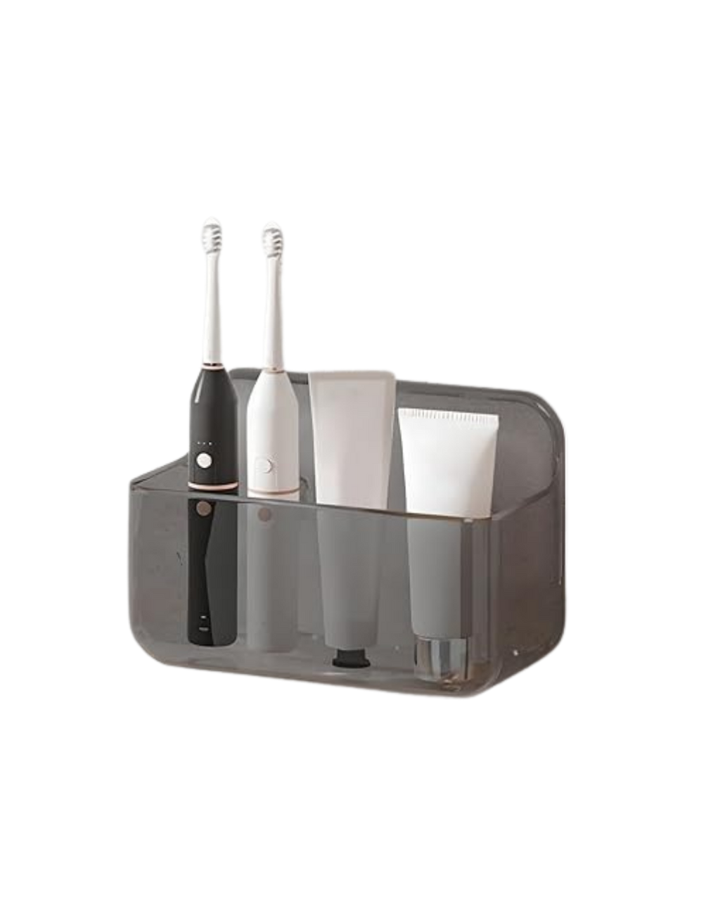 A grey toothbrush holder with two electric toothbrushes, two tubes of toothpaste, and a small tube, all arranged inside.