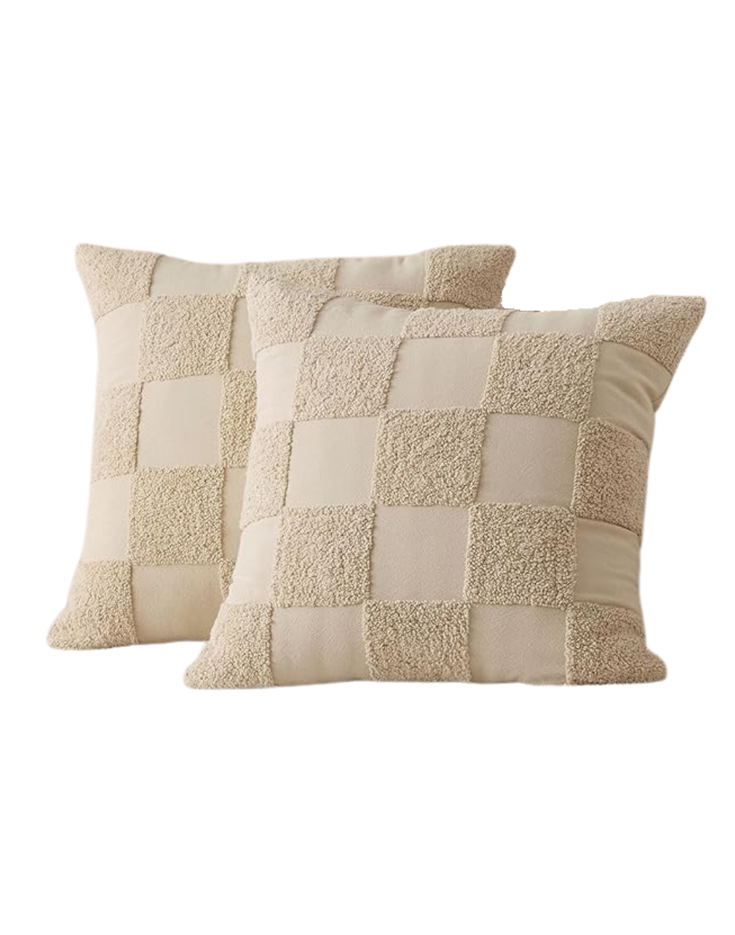 Two beige decorative pillows with a checkered pattern of alternating textured and smooth fabric, resting against each other.