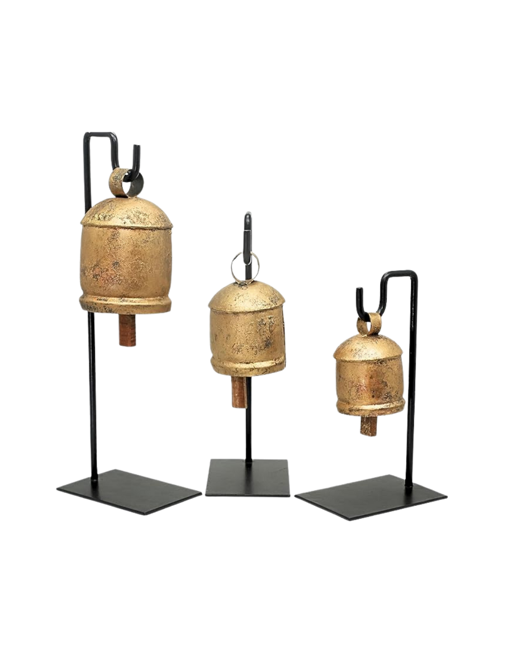Three vintage brass bells on black display stands, varying in size.