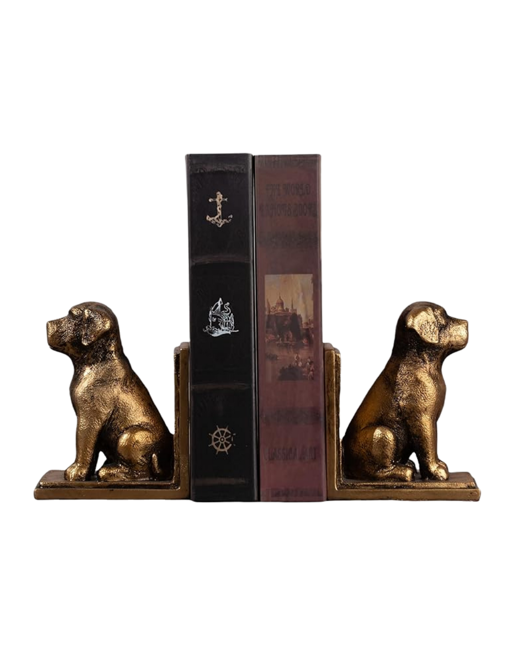 Bookend with two golden dachshund dog figurines sitting on either side of a row of books.