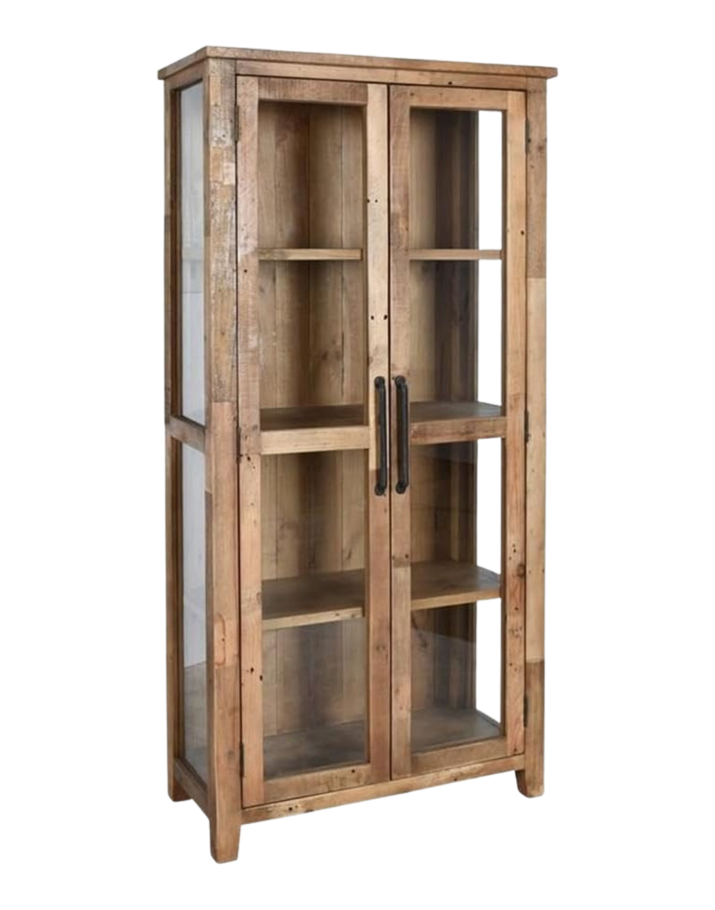 Wooden display cabinet with glass doors and black handles, three shelves inside.