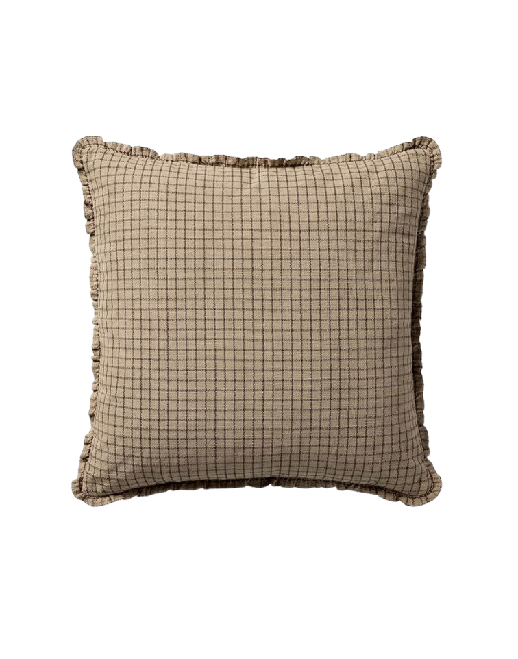 A beige square pillow with a small checkered pattern and ruffled edges.