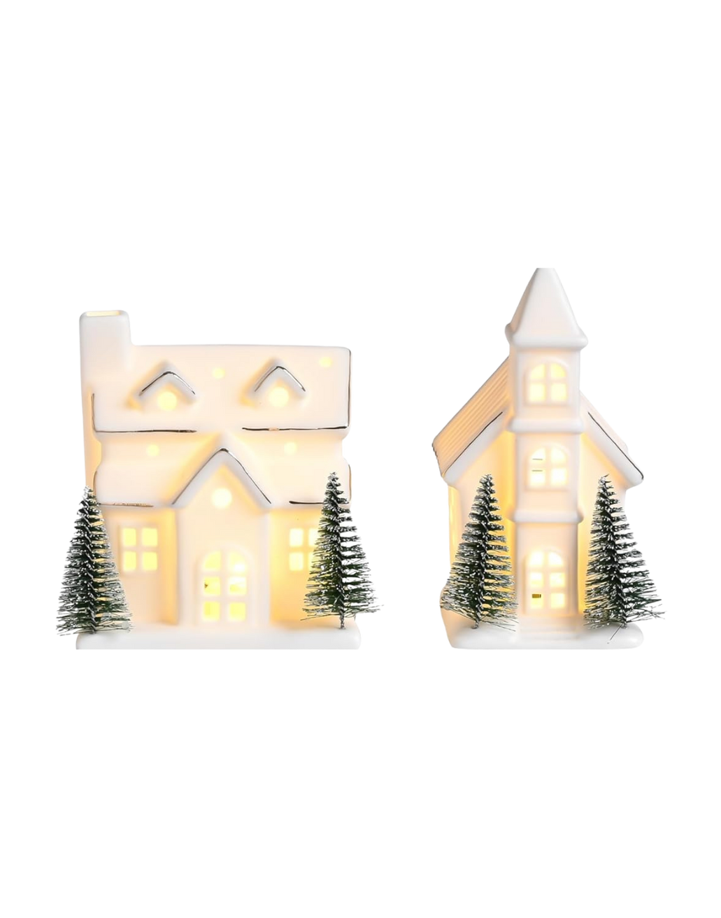 Decorative holiday houses with lit windows, surrounded by small snow-dusted pine trees.