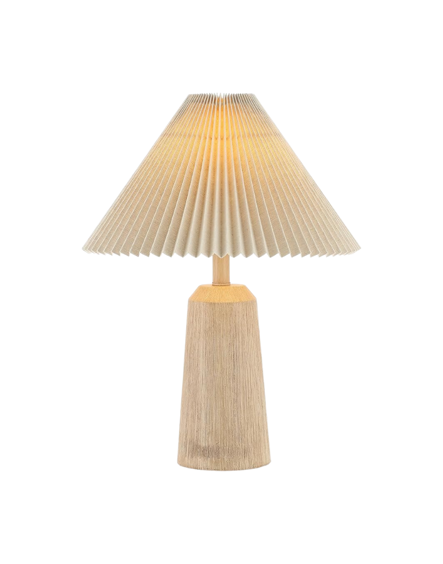 A table lamp with a wooden base and a pleated beige lampshade.