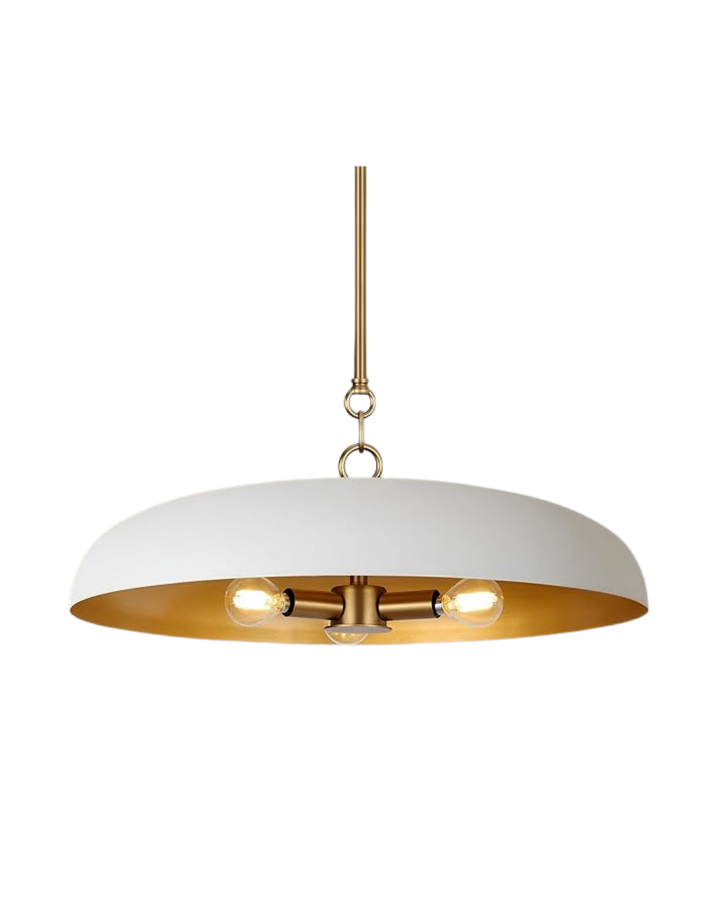 Modern circular pendant ceiling light fixture with white exterior and golden interior, suspended from a thin metal rod, with multiple exposed bulbs inside.