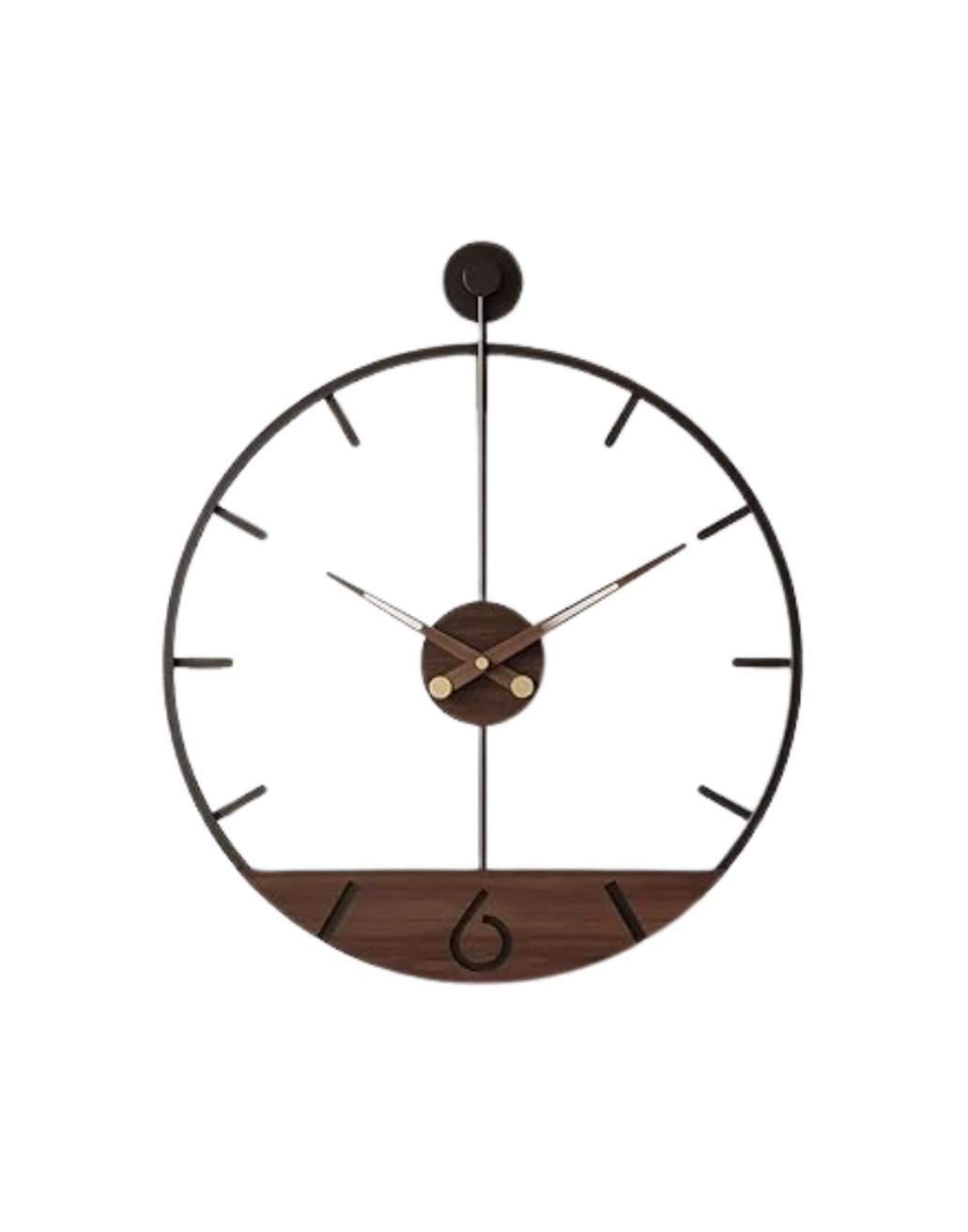 Wall clock with a black metal frame, wooden accents, and minimalist design.