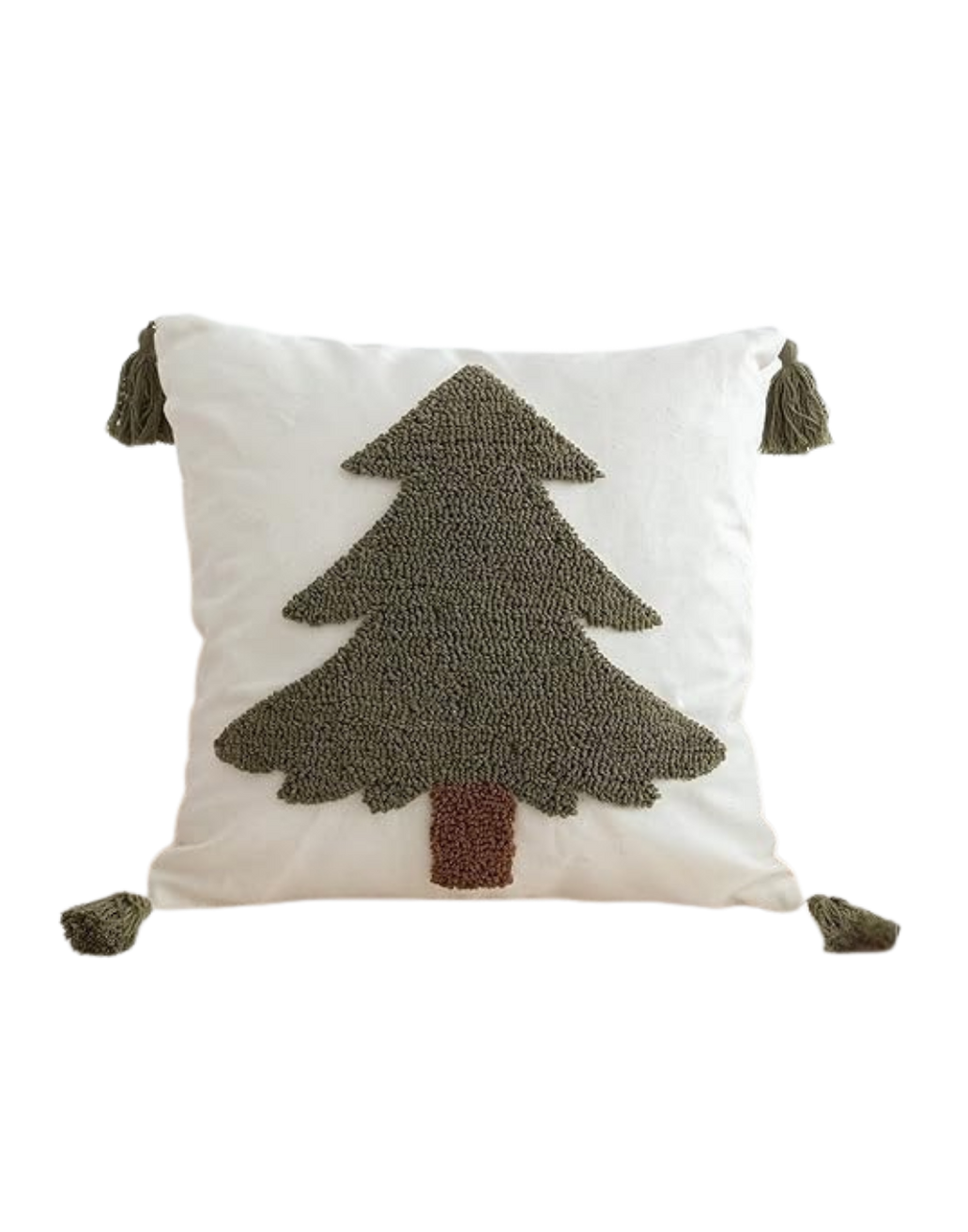 Decorative pillow with a tree design and tassels on corners.