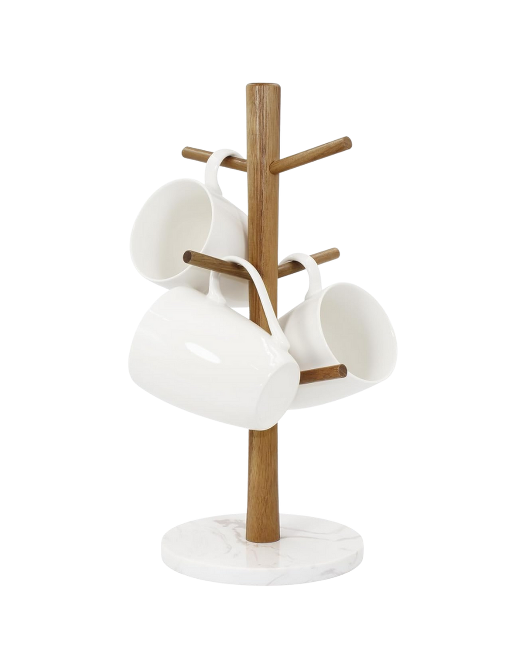 Wooden mug tree with three white ceramic mugs hanging on its branches, standing on a white marble base.