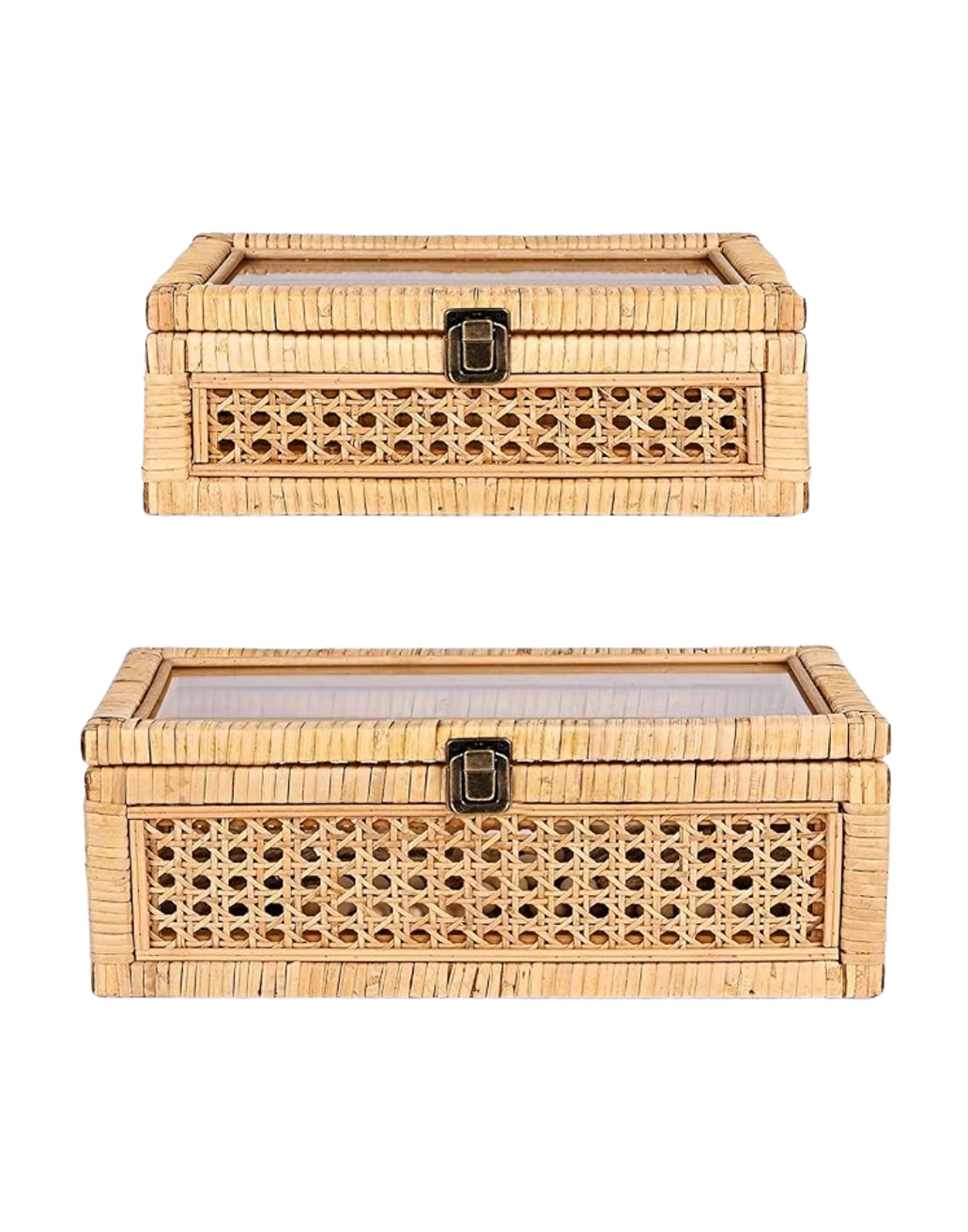 Two rectangular woven rattan boxes with glass tops and metal clasps, one above the other.