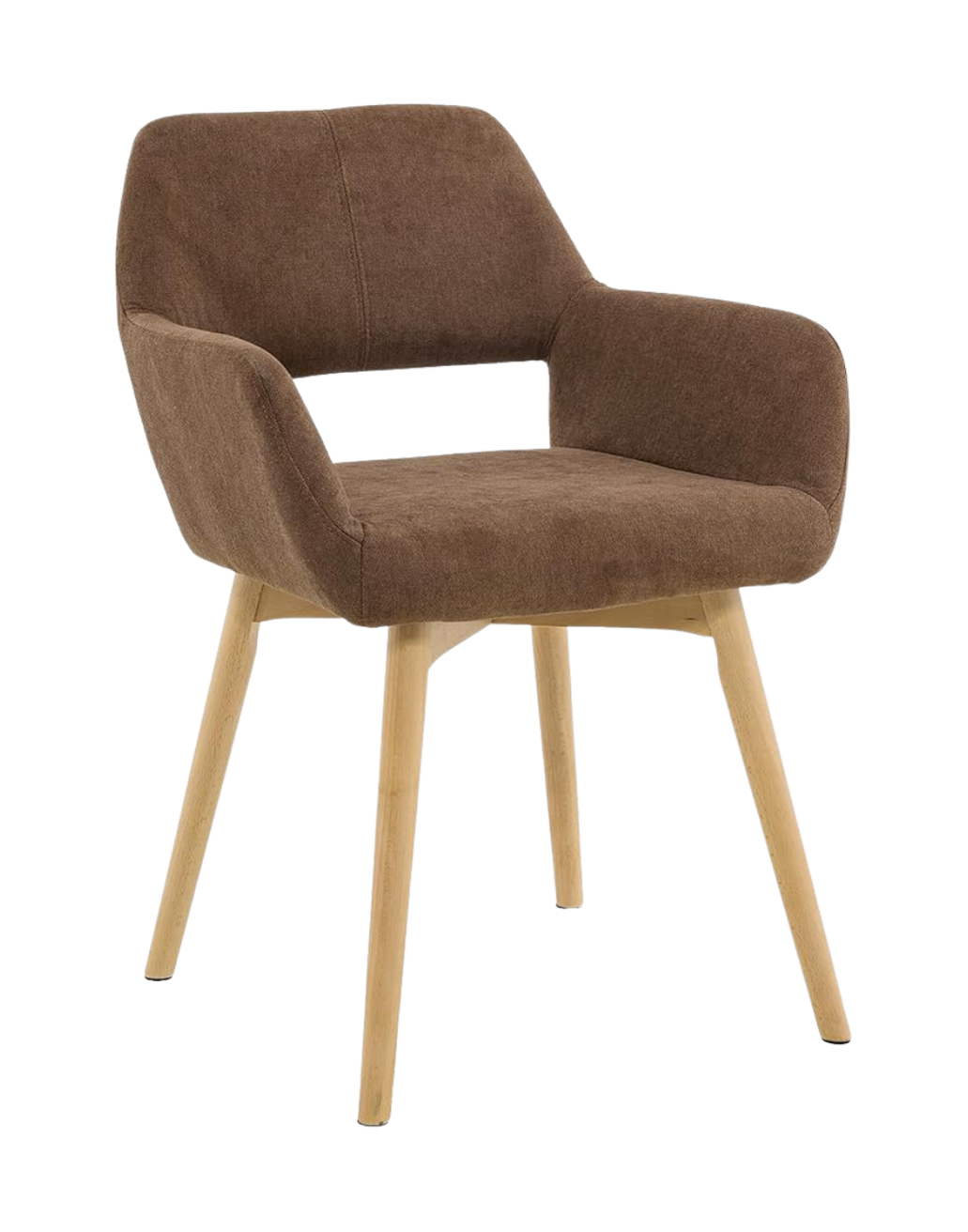 Brown upholstered armchair with wooden legs.
