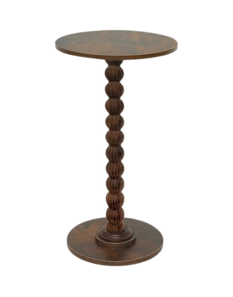 A wooden side table with a round top, a knurled, spindle-style central support, and a round base.