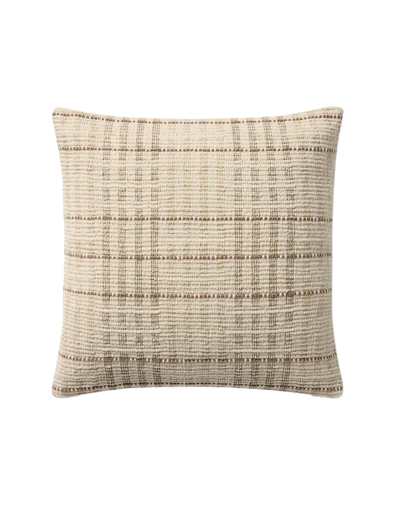 Beige throw pillow with a checkered pattern in brown lines.