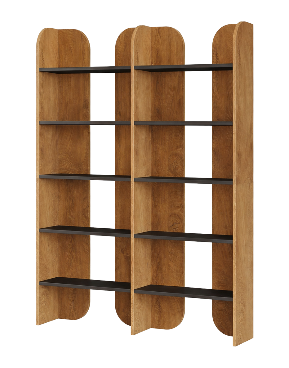 Two wooden bookshelves with five adjustable dark shelves each, spaced apart with curved cuts at the top and bottom.