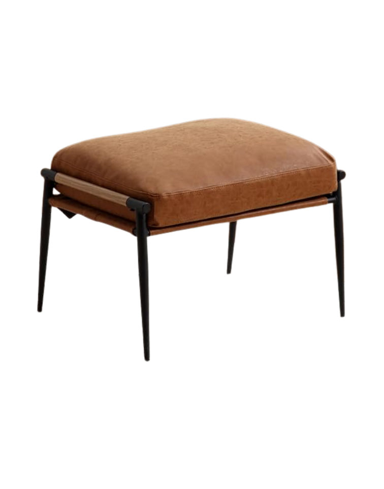 A brown upholstered chair with black metal legs