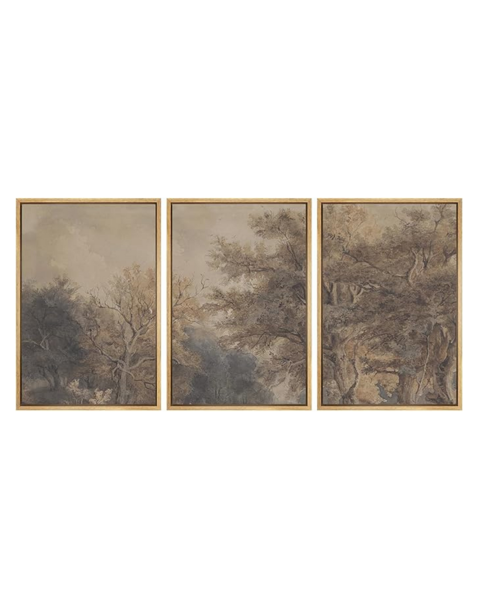 Triptych landscape painting of trees in muted earth tones framed in gold.