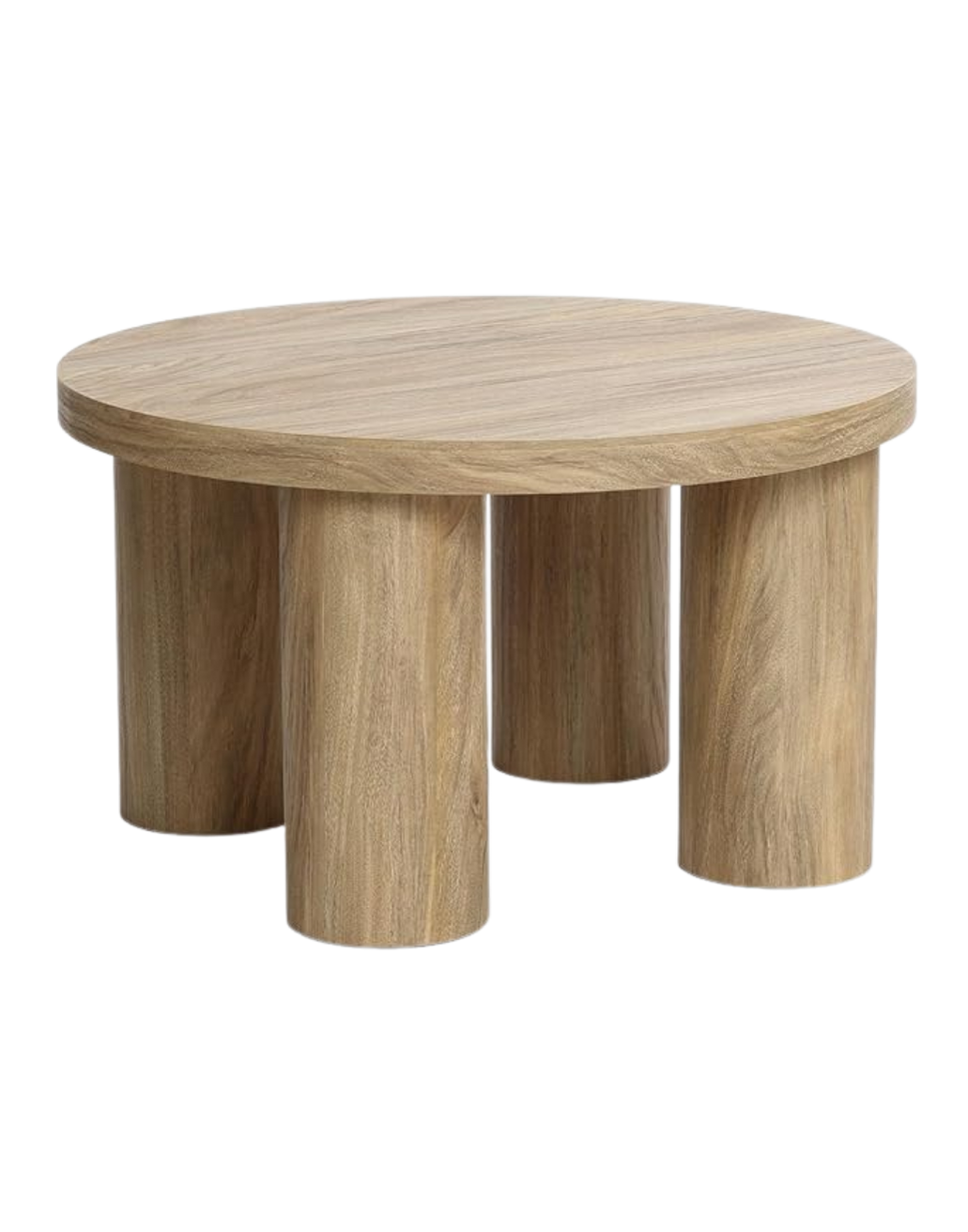 Round wooden coffee table with a smooth top and three large cylindrical legs.