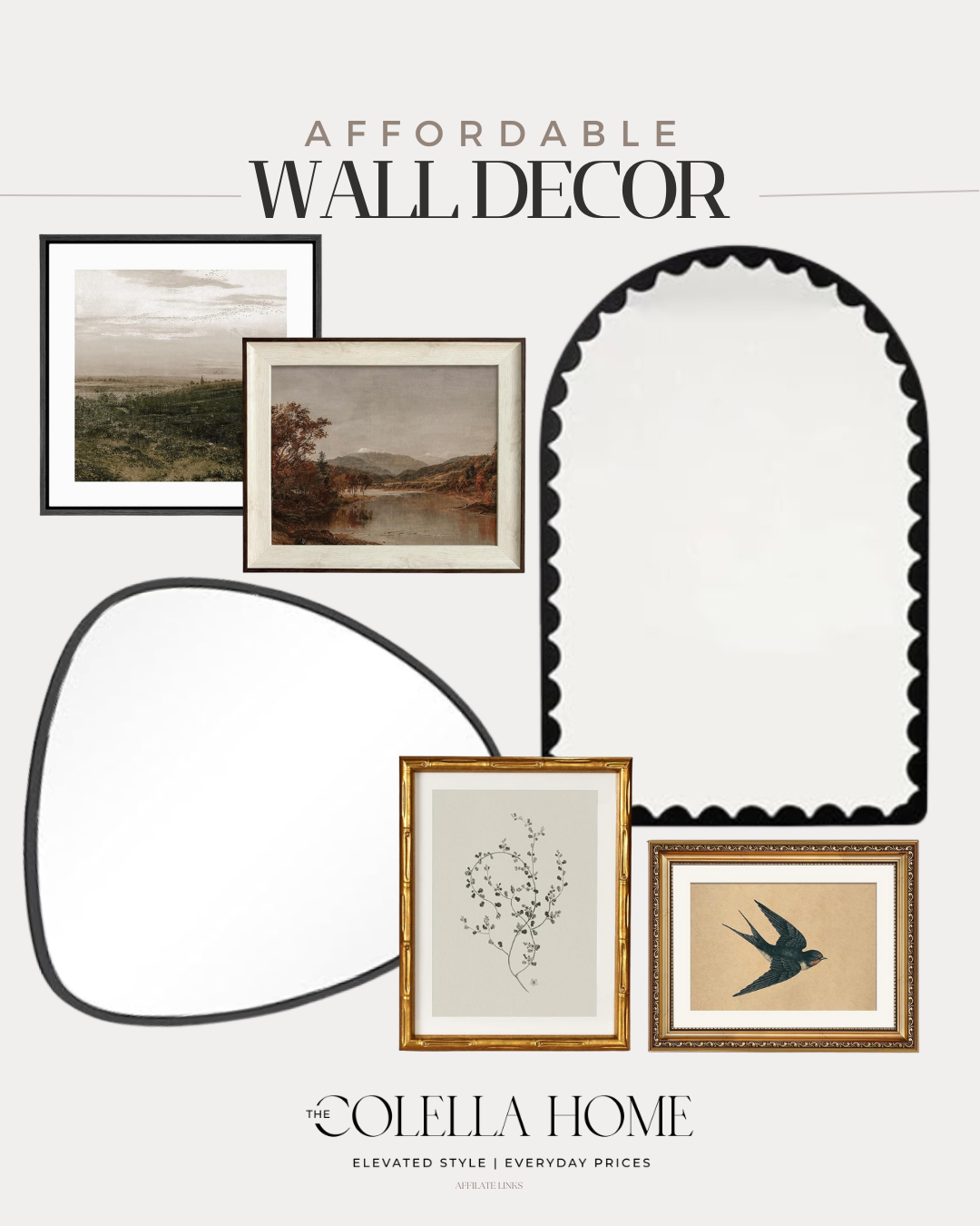 Affordable wall decor and mirrors featuring neutral tones, simple frames, warm textures, and budget-friendly styling for cozy homes.