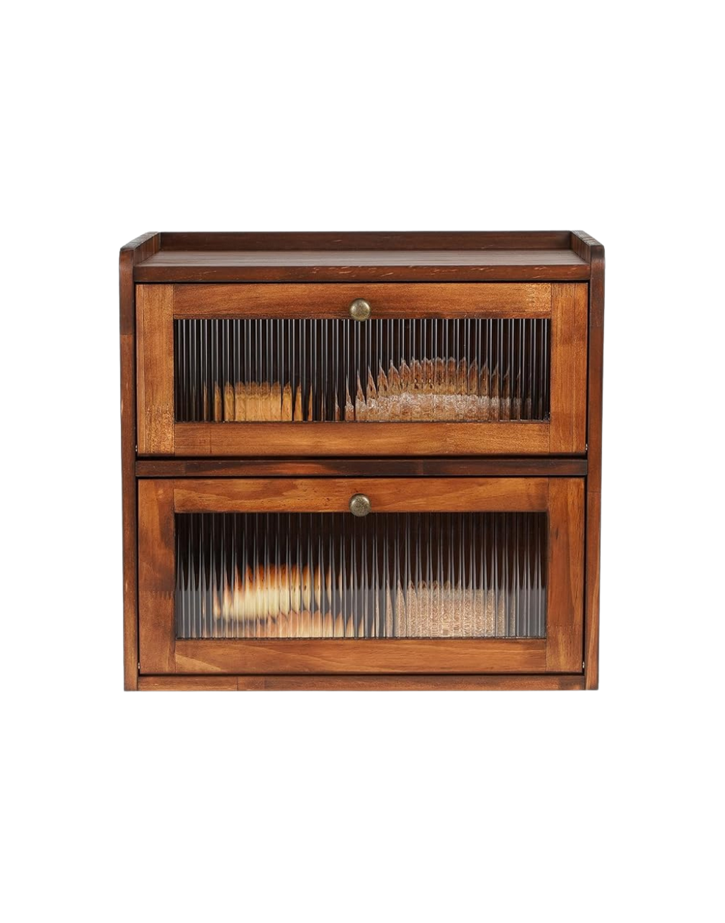 A wooden cabinet with two glass-paneled doors, each with a metal knob, containing baked goods inside.