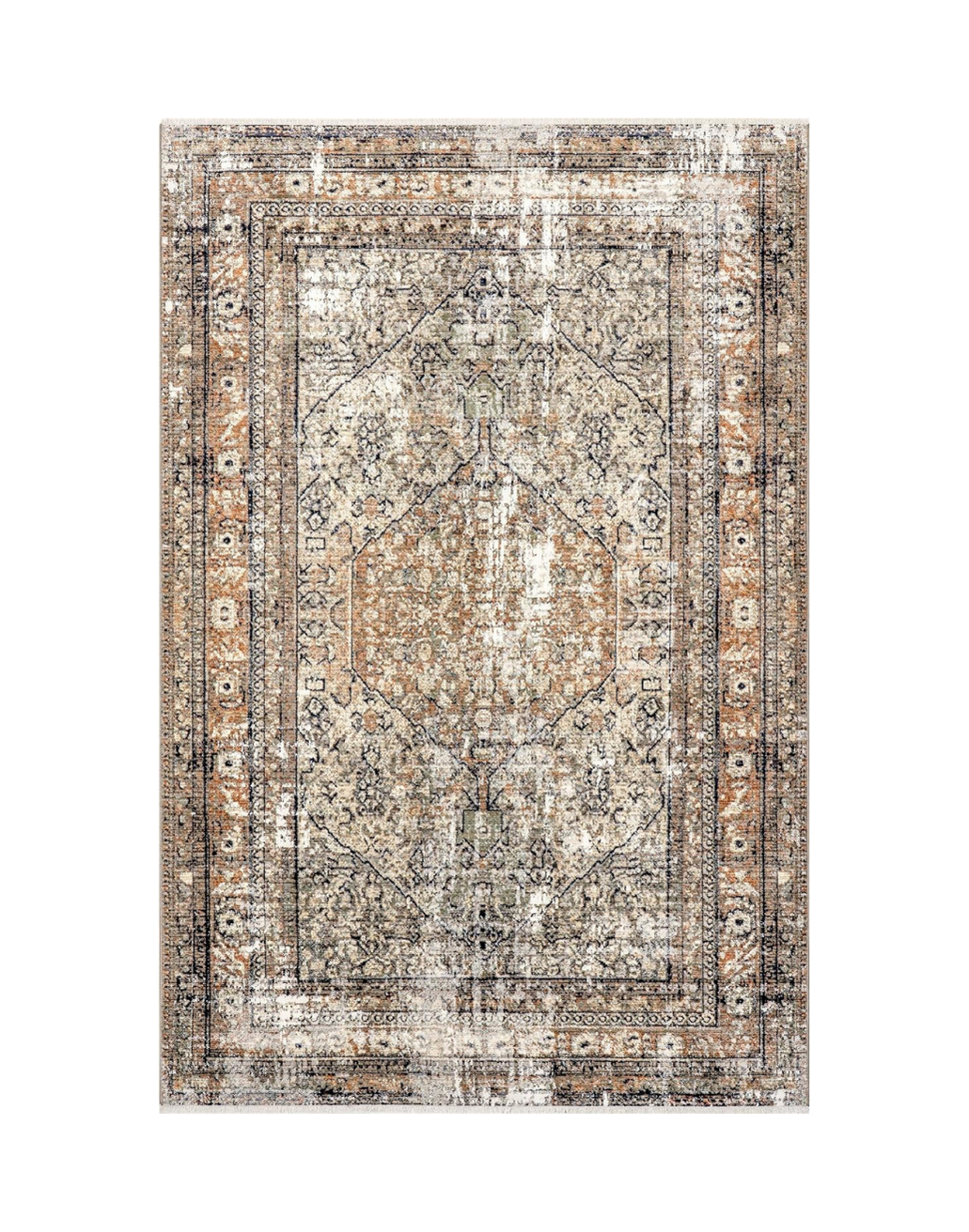 A vintage-style area rug with intricate floral and geometric patterns in beige, brown, and black tones.