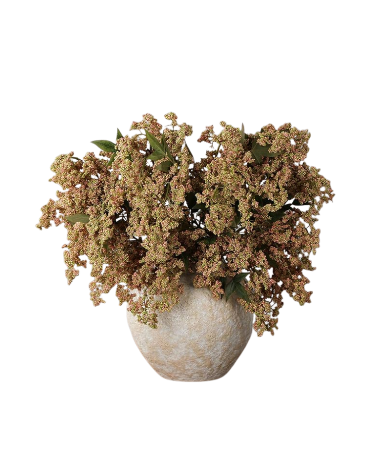 A potted plant with small pink and white flowers and green leaves in a beige, textured ceramic pot.