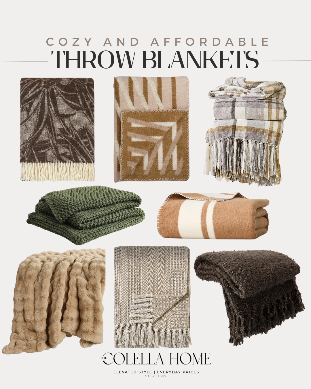 Cozy and affordable blankets in neutral and earthy tones, soft textures, and warm fabrics perfect for a comfortable home on a budget.