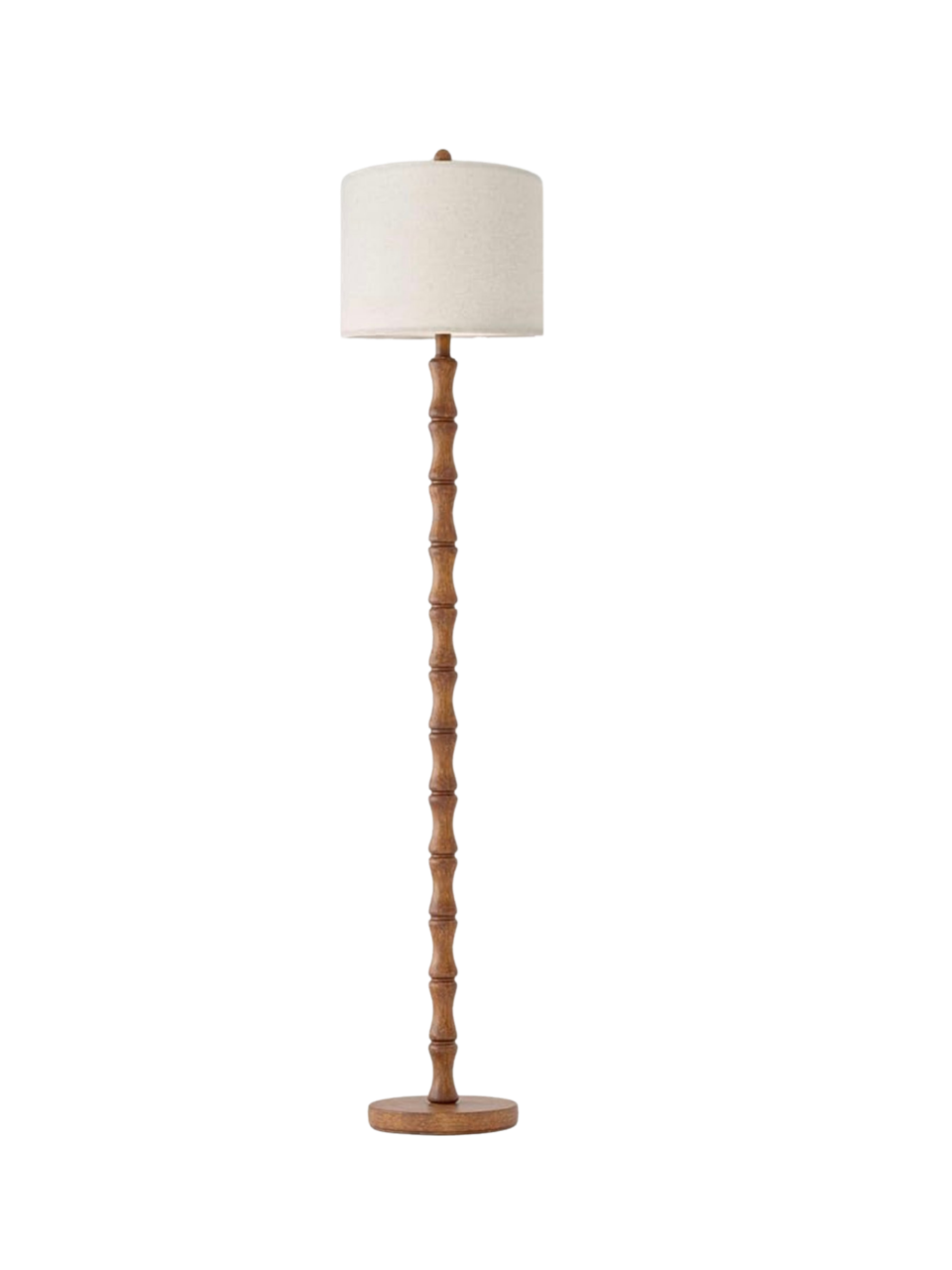 Floor lamp with a wooden, segmented stand and a white lampshade.