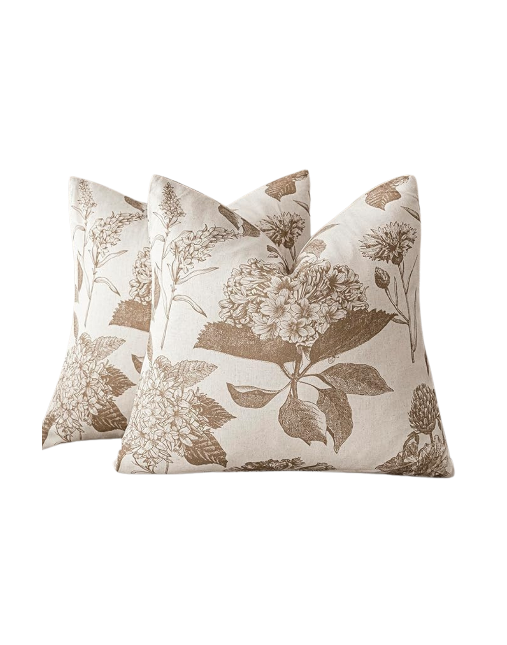 Two decorative pillows with beige floral print on a cream background.