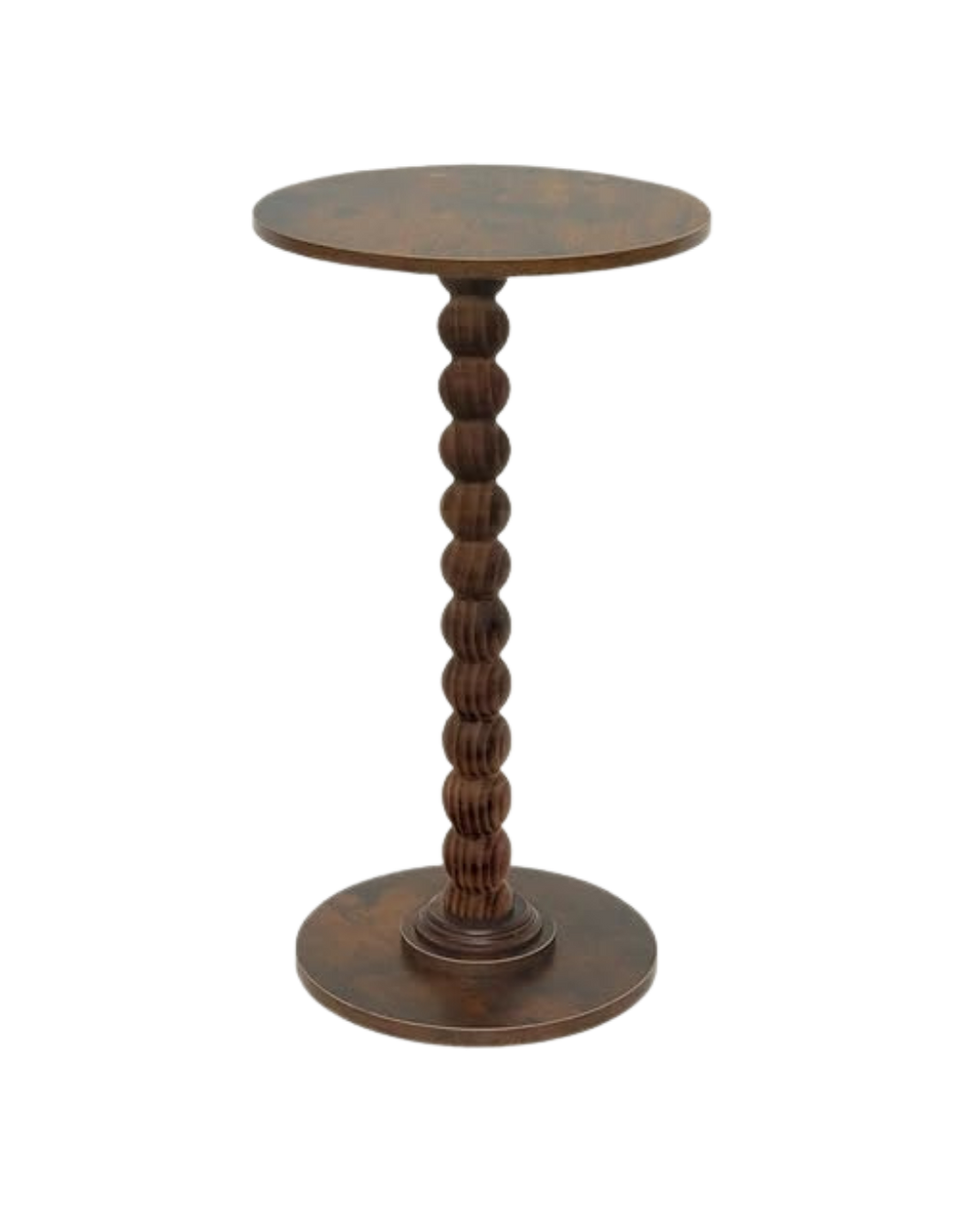 A small wooden side table with a round top, a spindle carved pedestal, and a round base.