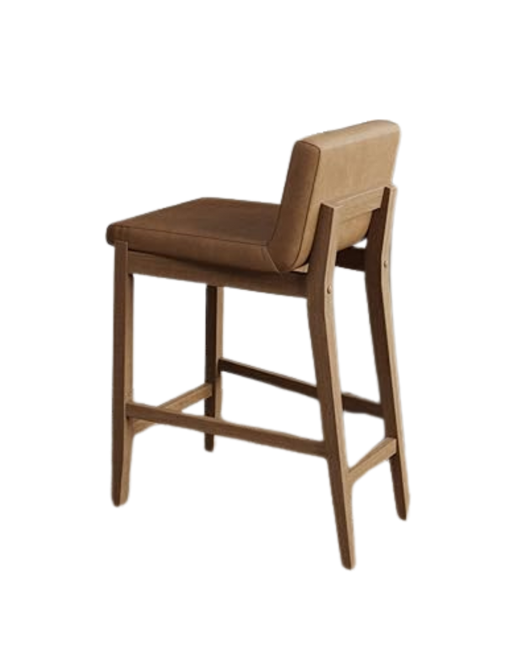A wooden chair with a cushioned beige seat and backrest, viewed from the side.