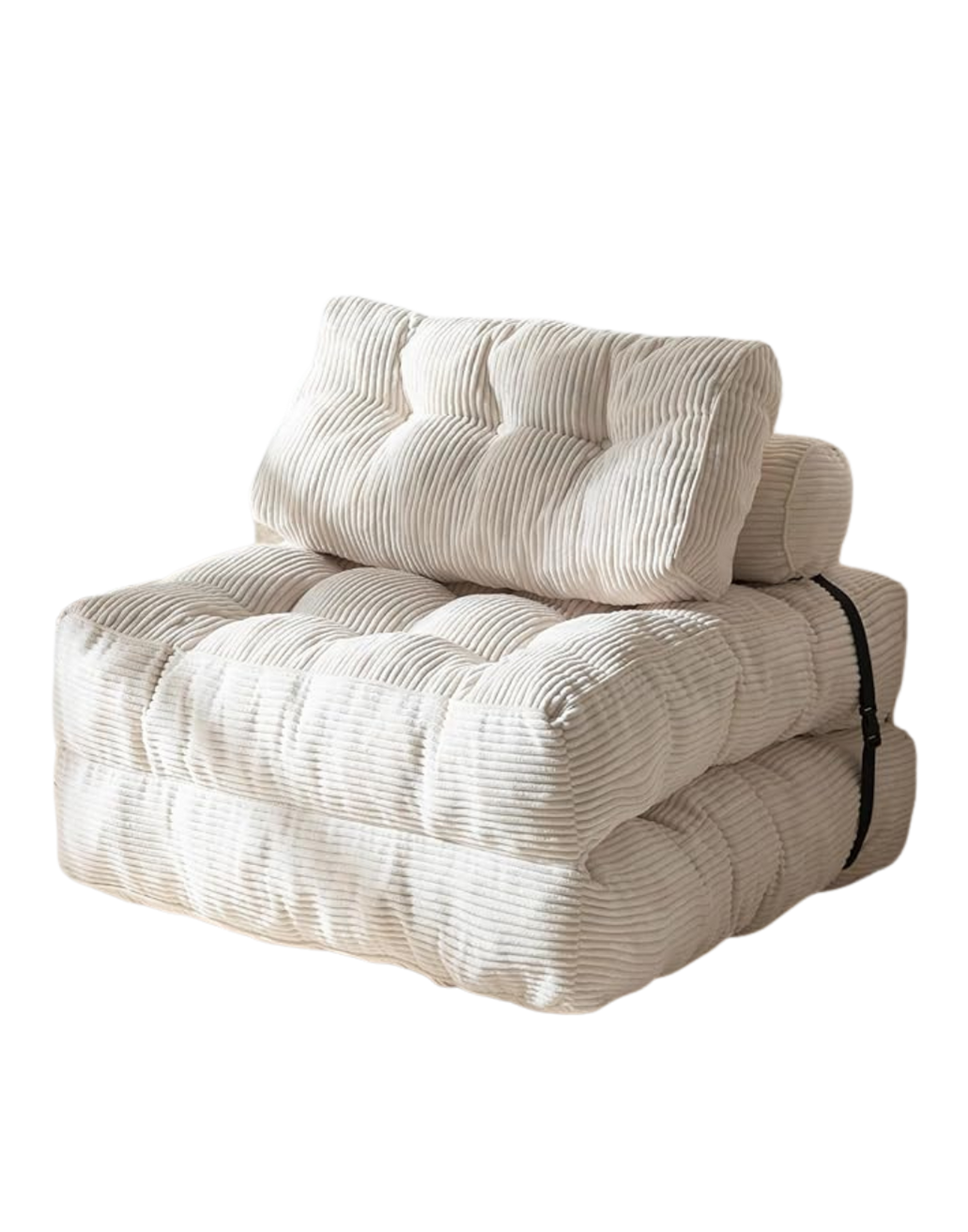 Cream-colored corduroy upholstered futon with a padded backrest and a bolster pillow, secured with a black strap.