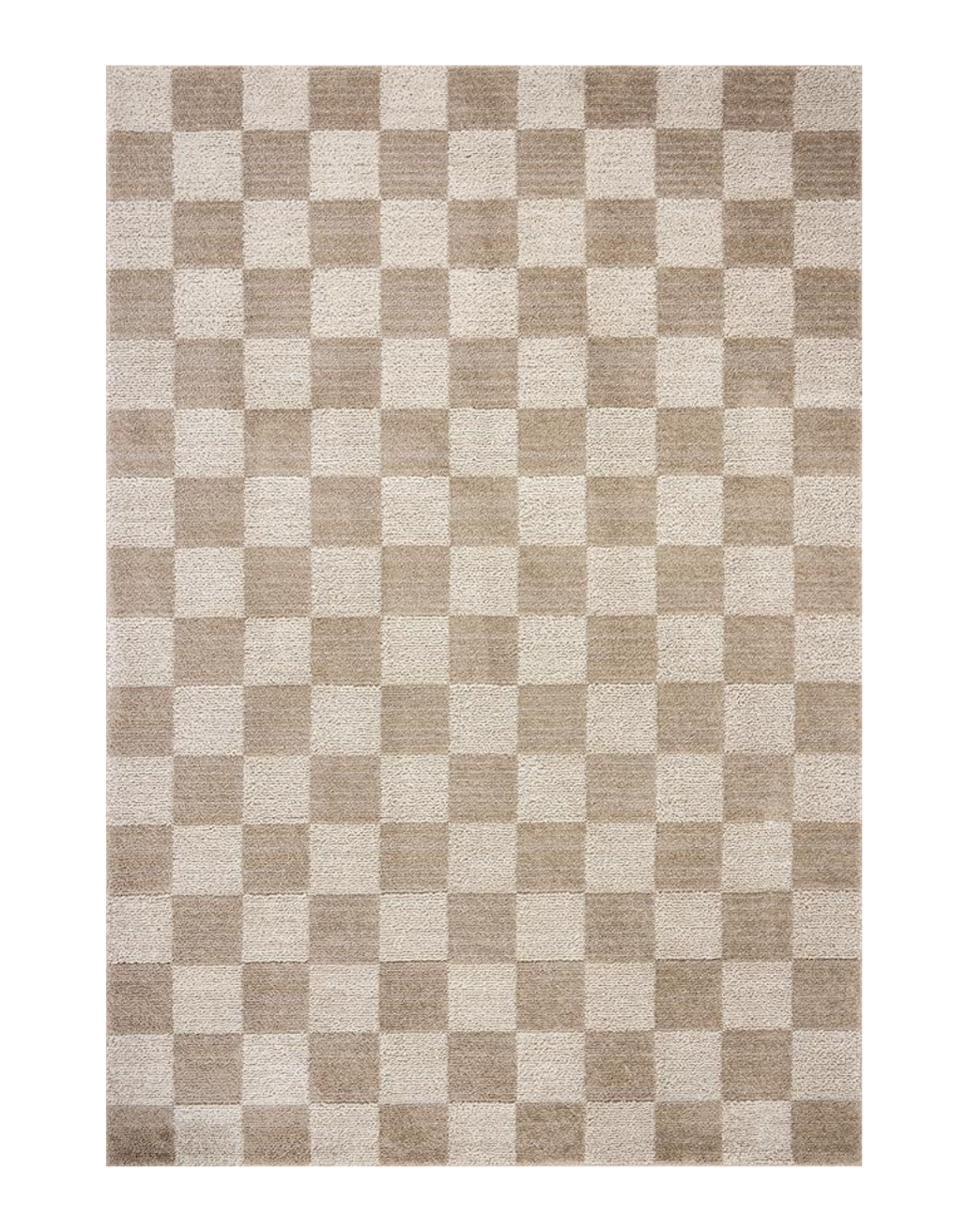 Beige and cream checkered area rug with a textured pattern.