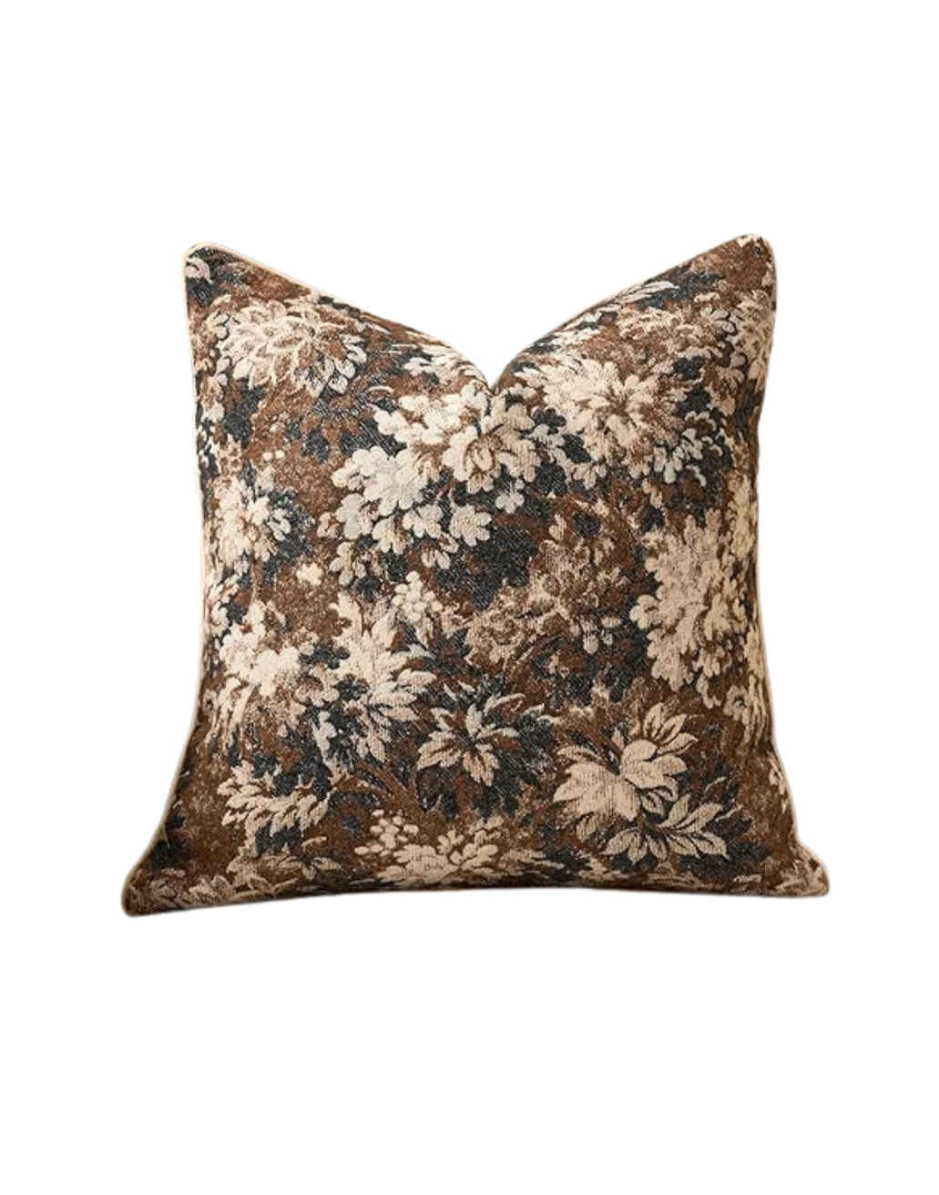 Decorative cushion with a floral pattern in beige, brown, and black colors.