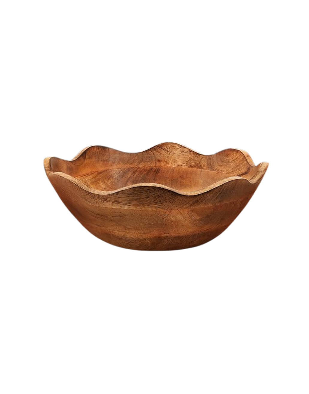 A wooden bowl with a scalloped edge and natural wood grain, isolated on a black background.