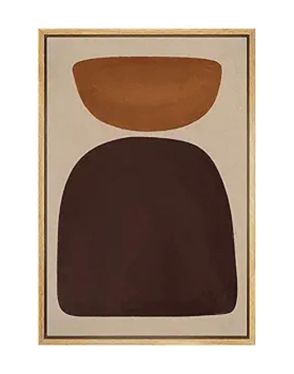 Abstract artwork featuring a large black shape at the bottom and a smaller brown shape above it, framed in wood.