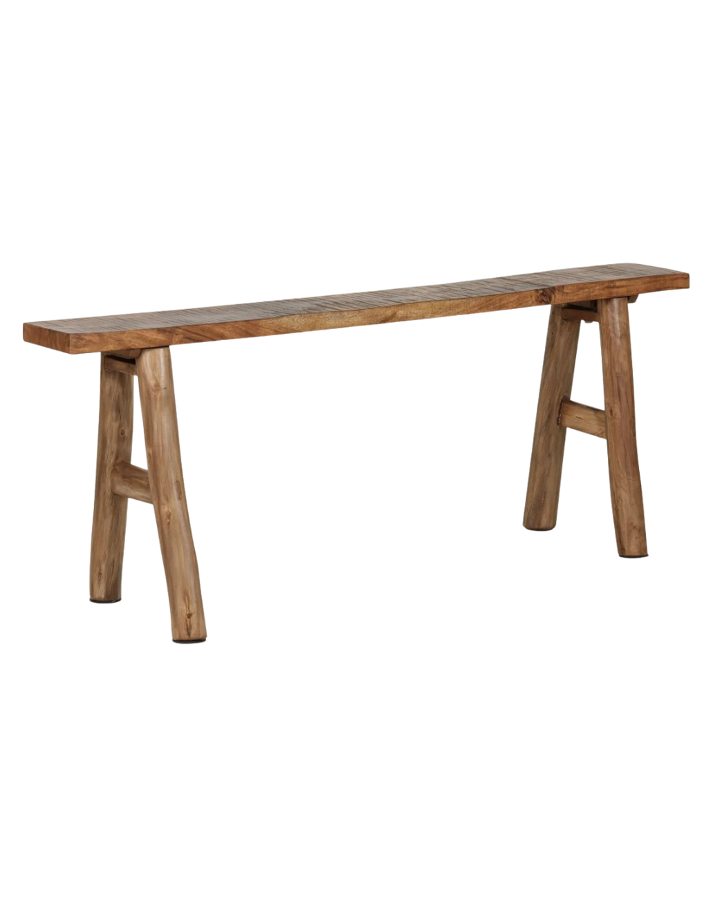 A long wooden bench with a natural finish supported by two A-shaped sawhorse legs.