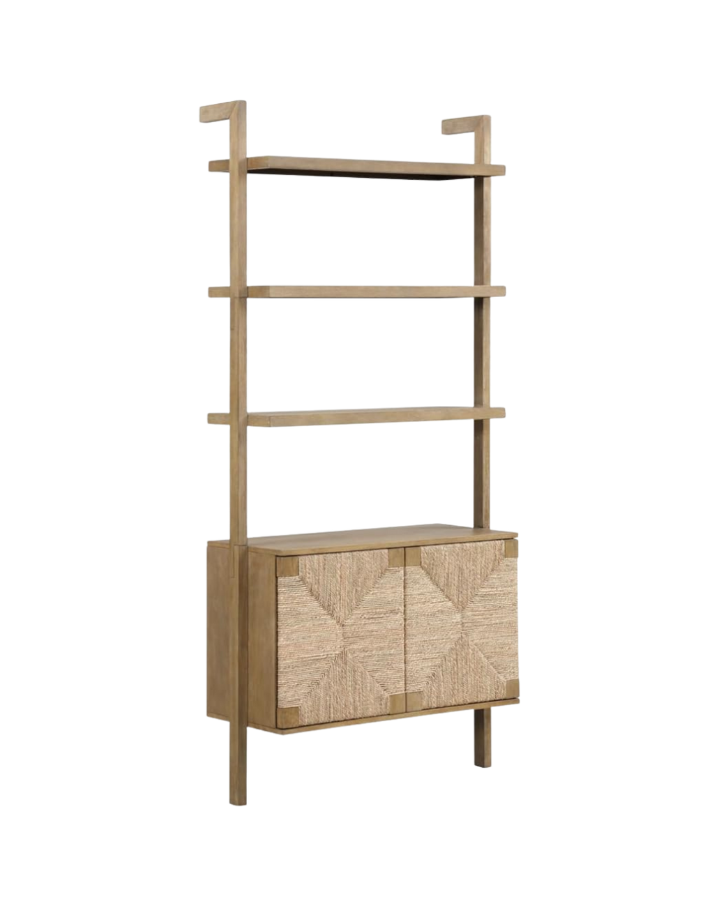 A modern wooden bookshelf with four open shelves and a closed cabinet at the bottom, featuring geometric carvings on the cabinet doors.