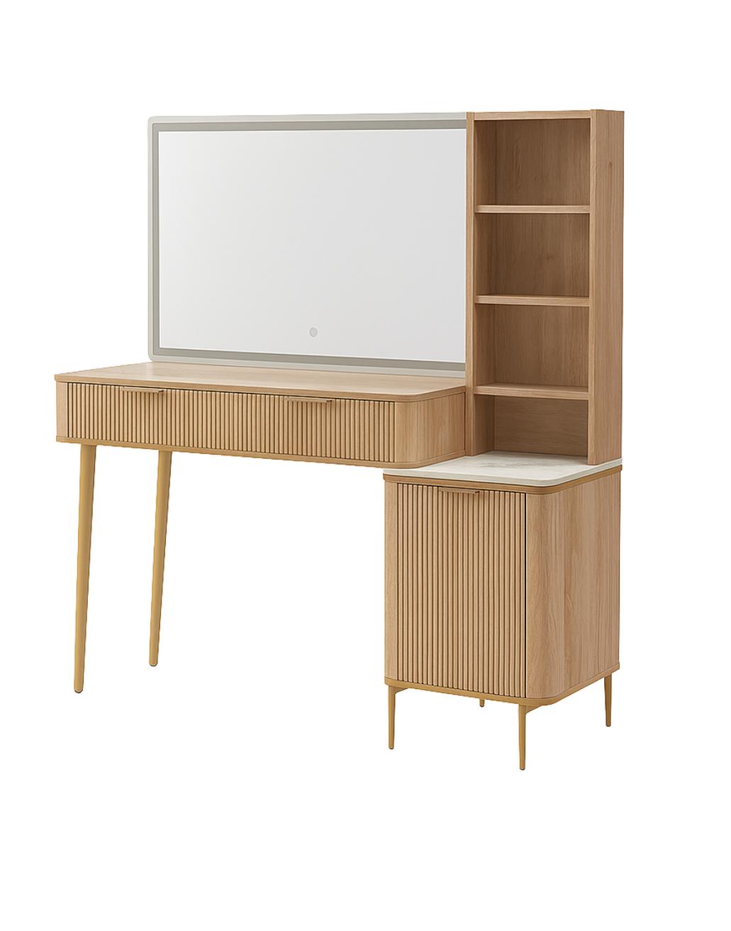 Modern wooden vanity with a large mirror, open shelves, and cabinet doors.